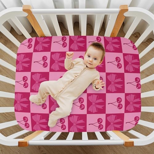 KICPOAY Checkered Pink Cherries Bows Crib Sheets 1