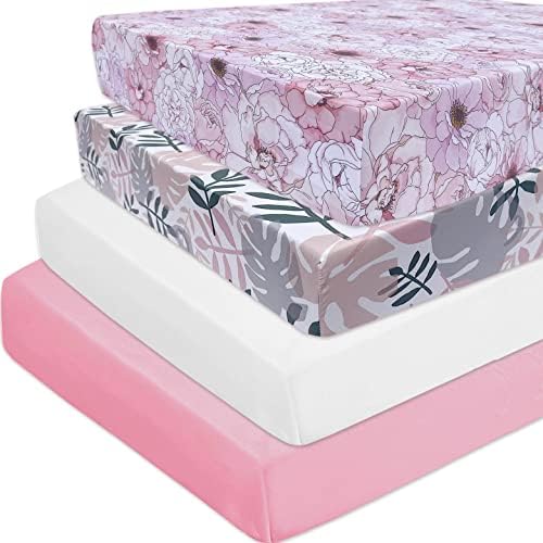 AMROSE 4 Pack Crib Sheets for Baby Girls 28 X 52 Fitted