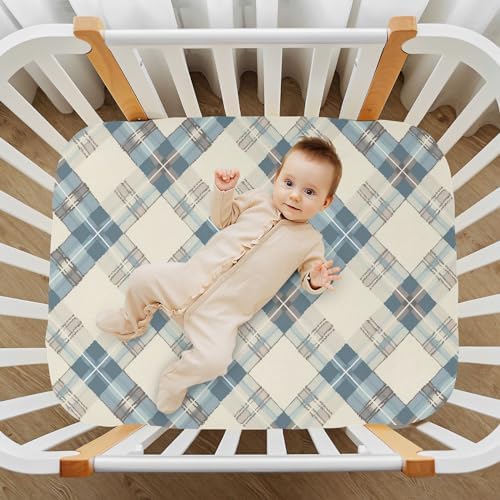 Wassud Pastel Blue Plaid Crib Sheets Set for Boys and Girls