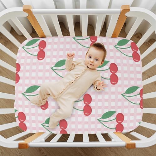 KICPOAY Red Cherry Checkered Crib Sheets Stretchy Playard Sheets for Baby Toddler