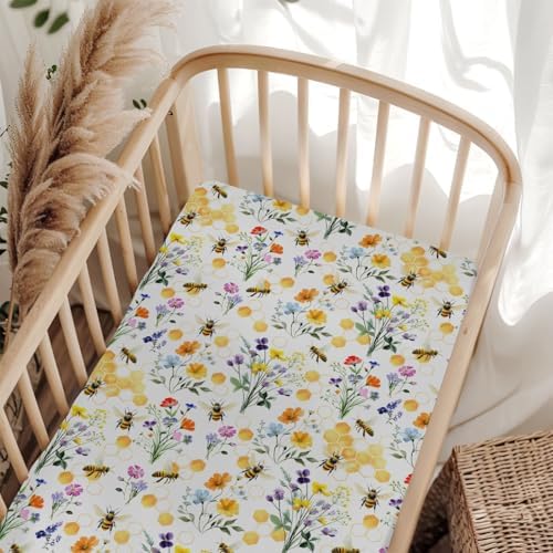 Boho Wildflower Bees Honeycomb Crib Sheet 52x28Inch
